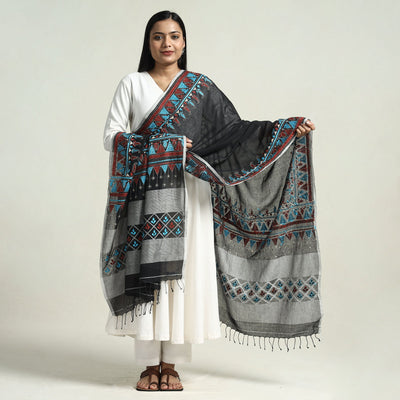 Black - Bolpur Kantha Embroidery Cotton Handloom Dupatta with Tassels