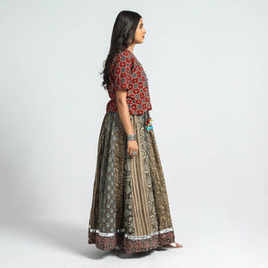 Brown - Ajrakh Block Printed 24 Kali Patchwork Cotton Long Skirt