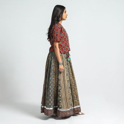 Brown - Ajrakh Block Printed 24 Kali Patchwork Cotton Long Skirt