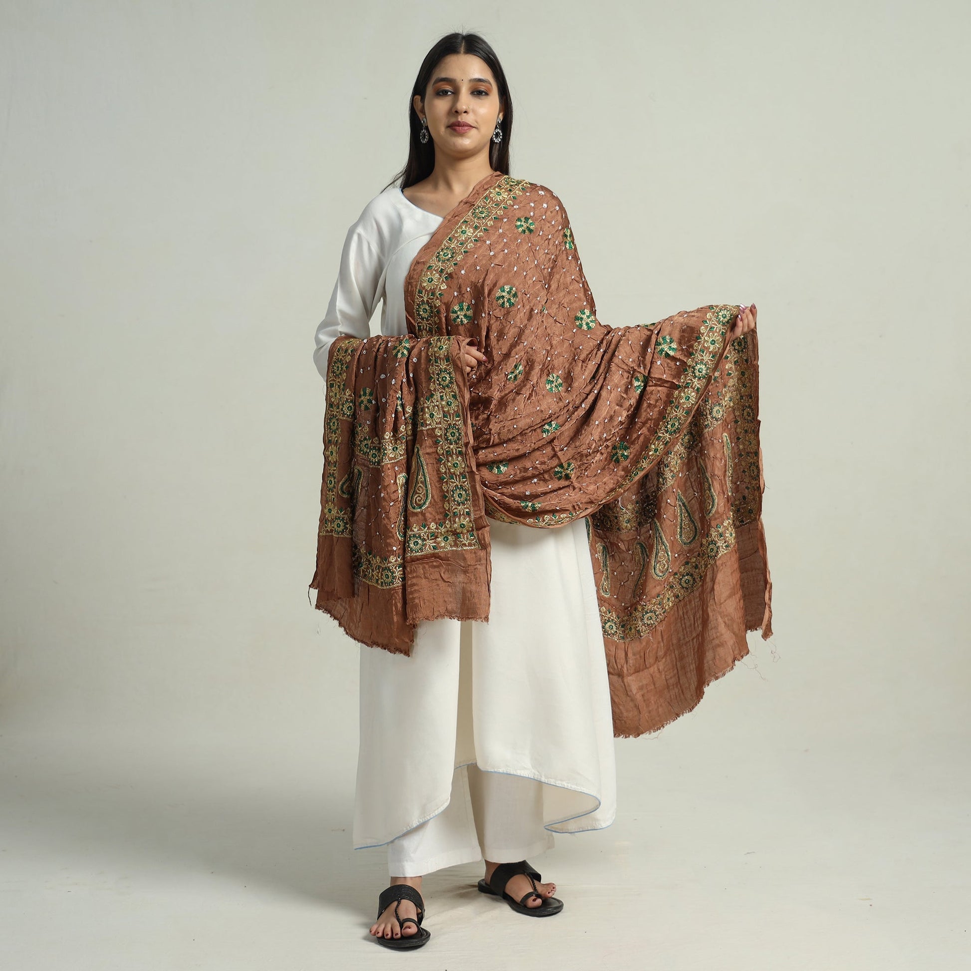 Brown - Kutch Bandhani Tie-Dye Modal Silk Zari Work Dupatta 63