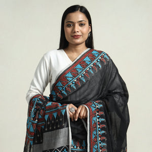 Black - Bolpur Kantha Embroidery Cotton Handloom Dupatta with Tassels