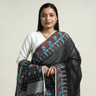 Black - Bolpur Kantha Embroidery Cotton Handloom Dupatta with Tassels