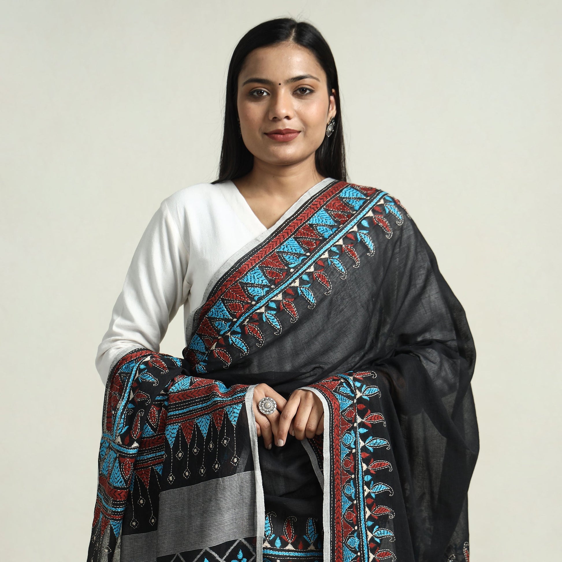 Black - Bolpur Kantha Embroidery Cotton Handloom Dupatta with Tassels