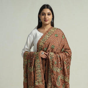 Brown - Kutch Bandhani Tie-Dye Modal Silk Zari Work Dupatta 63