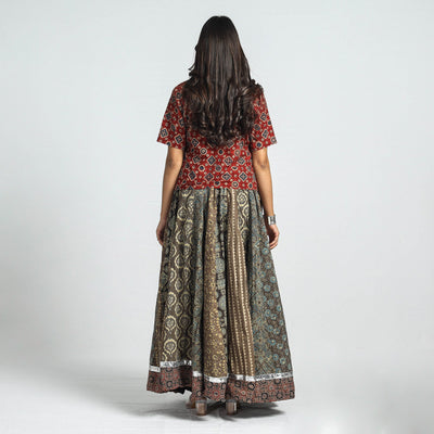 Brown - Ajrakh Block Printed 24 Kali Patchwork Cotton Long Skirt