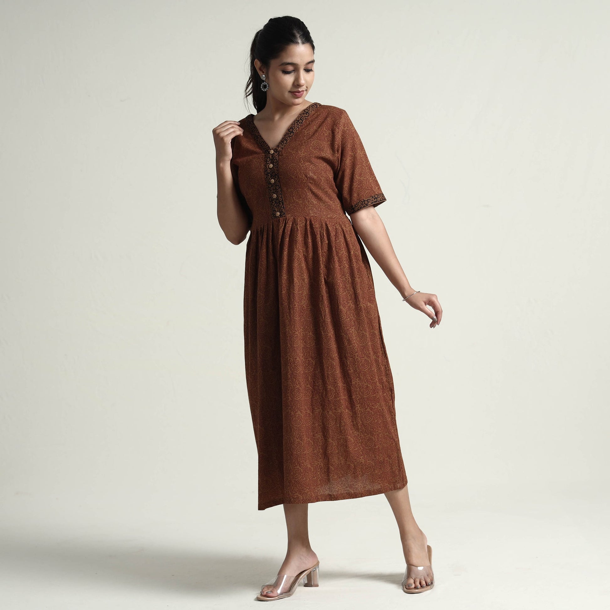 Brown - Bagh Block Printed Cotton Dress