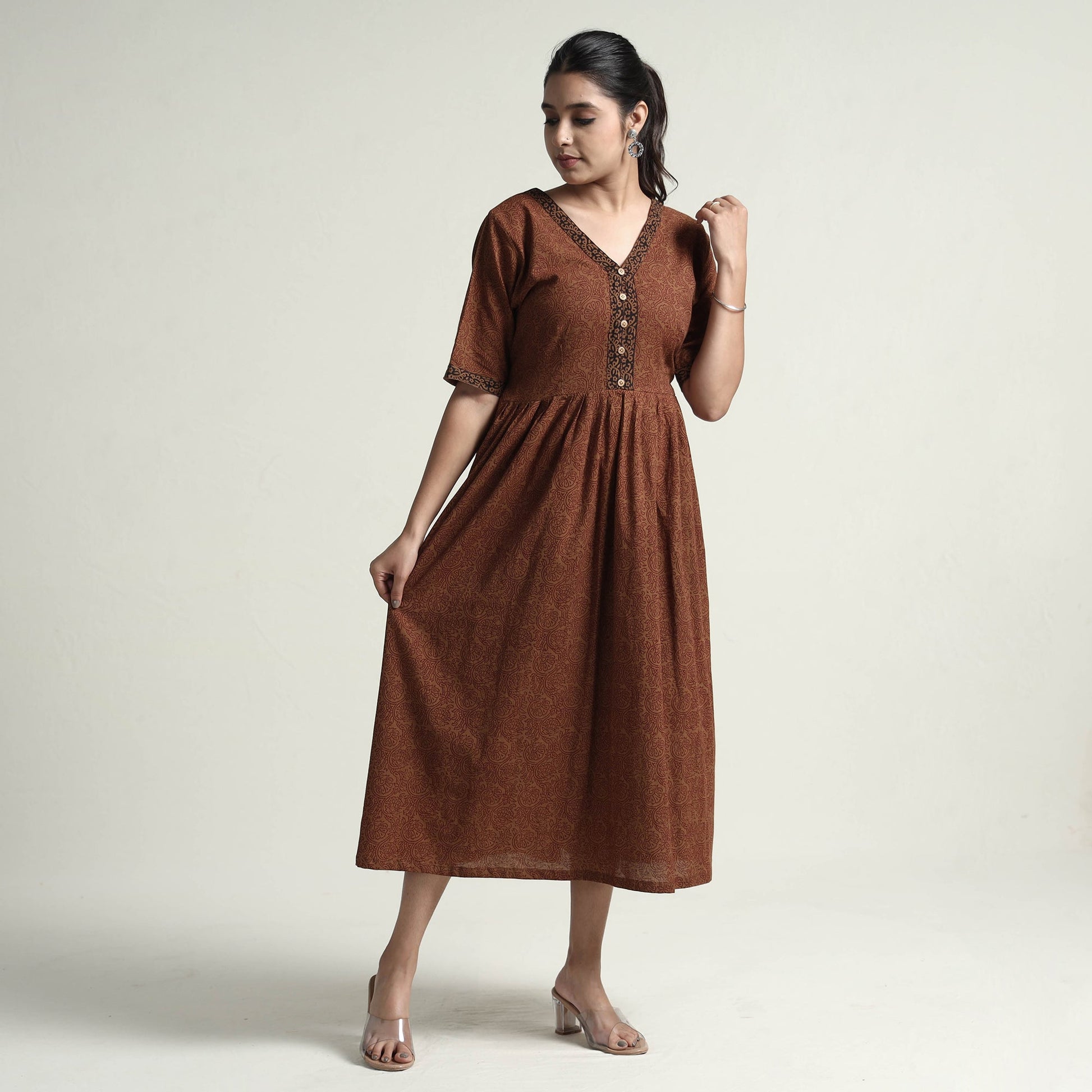 Brown - Bagh Block Printed Cotton Dress