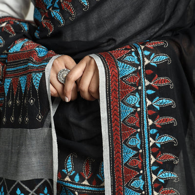 Black - Bolpur Kantha Embroidery Cotton Handloom Dupatta with Tassels