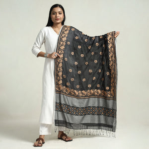 Black - Bolpur Kantha Embroidery Cotton Handloom Dupatta with Tassels