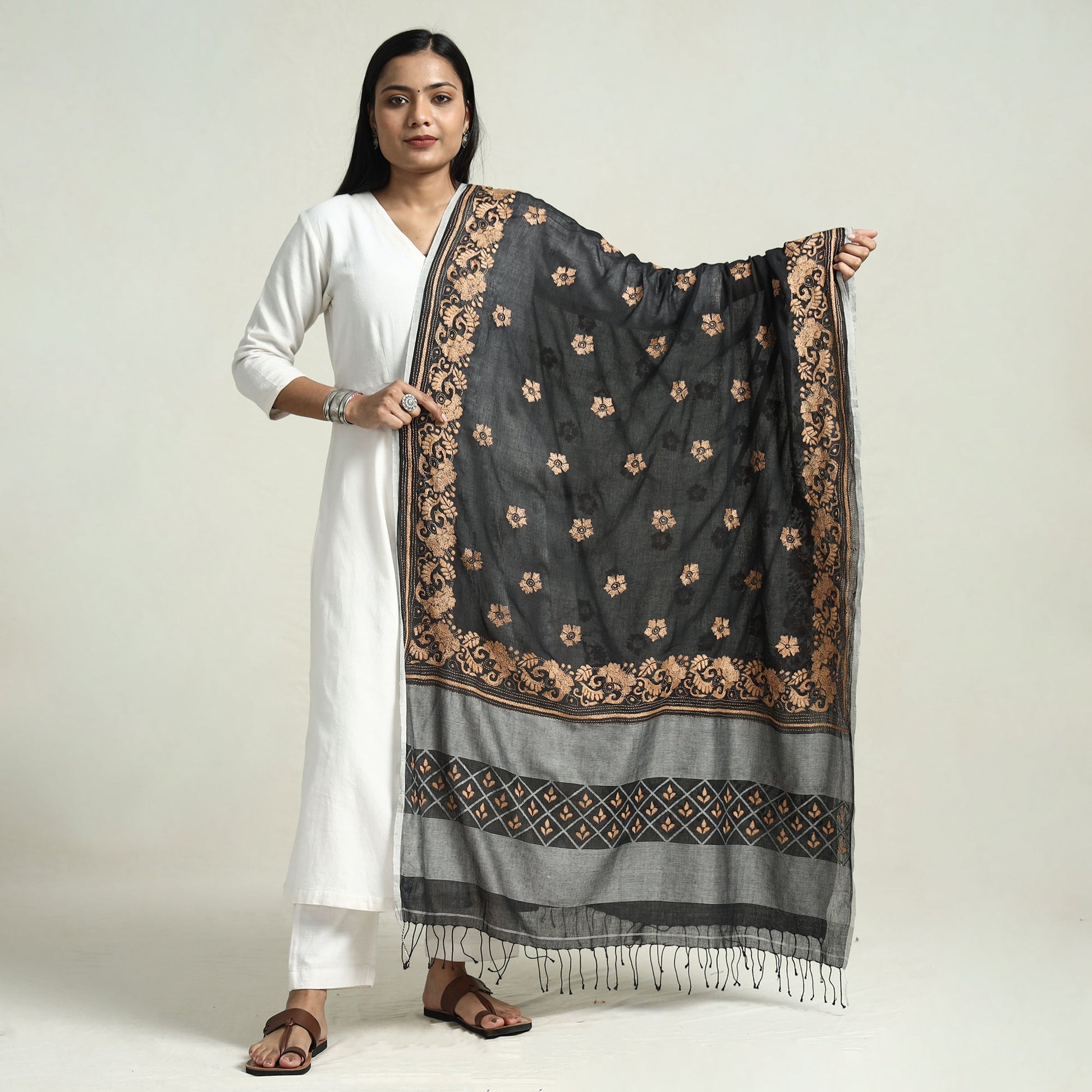 Black - Bolpur Kantha Embroidery Cotton Handloom Dupatta with Tassels