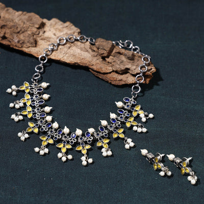 Antique Silver Finish Oxidised Brass Base Stone Work Choker Necklace Set