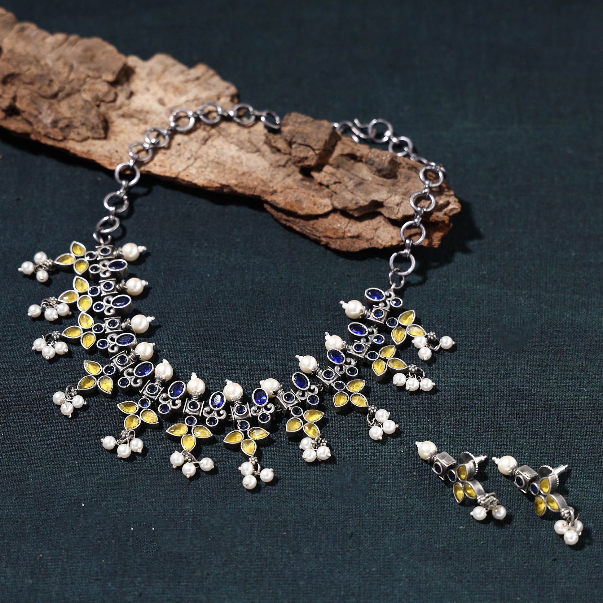 Antique Silver Finish Oxidised Brass Base Stone Work Choker Necklace Set