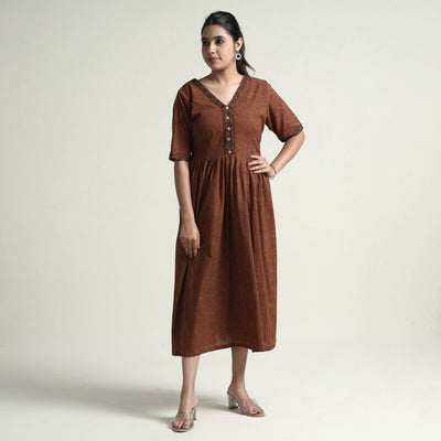 Brown - Bagh Block Printed Cotton Dress