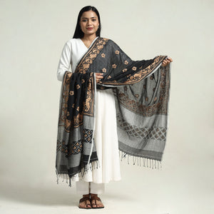 Black - Bolpur Kantha Embroidery Cotton Handloom Dupatta with Tassels
