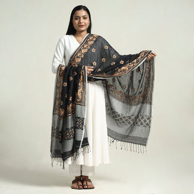 Black - Bolpur Kantha Embroidery Cotton Handloom Dupatta with Tassels