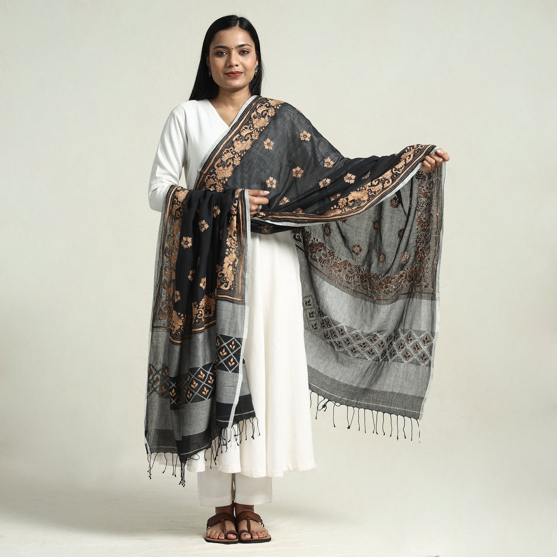 Black - Bolpur Kantha Embroidery Cotton Handloom Dupatta with Tassels