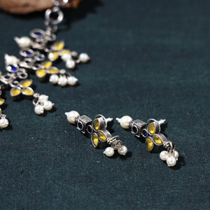 Antique Silver Finish Oxidised Brass Base Stone Work Choker Necklace Set