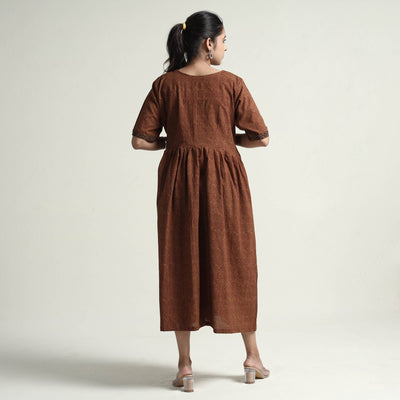 Brown - Bagh Block Printed Cotton Dress