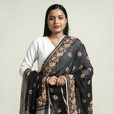 Black - Bolpur Kantha Embroidery Cotton Handloom Dupatta with Tassels