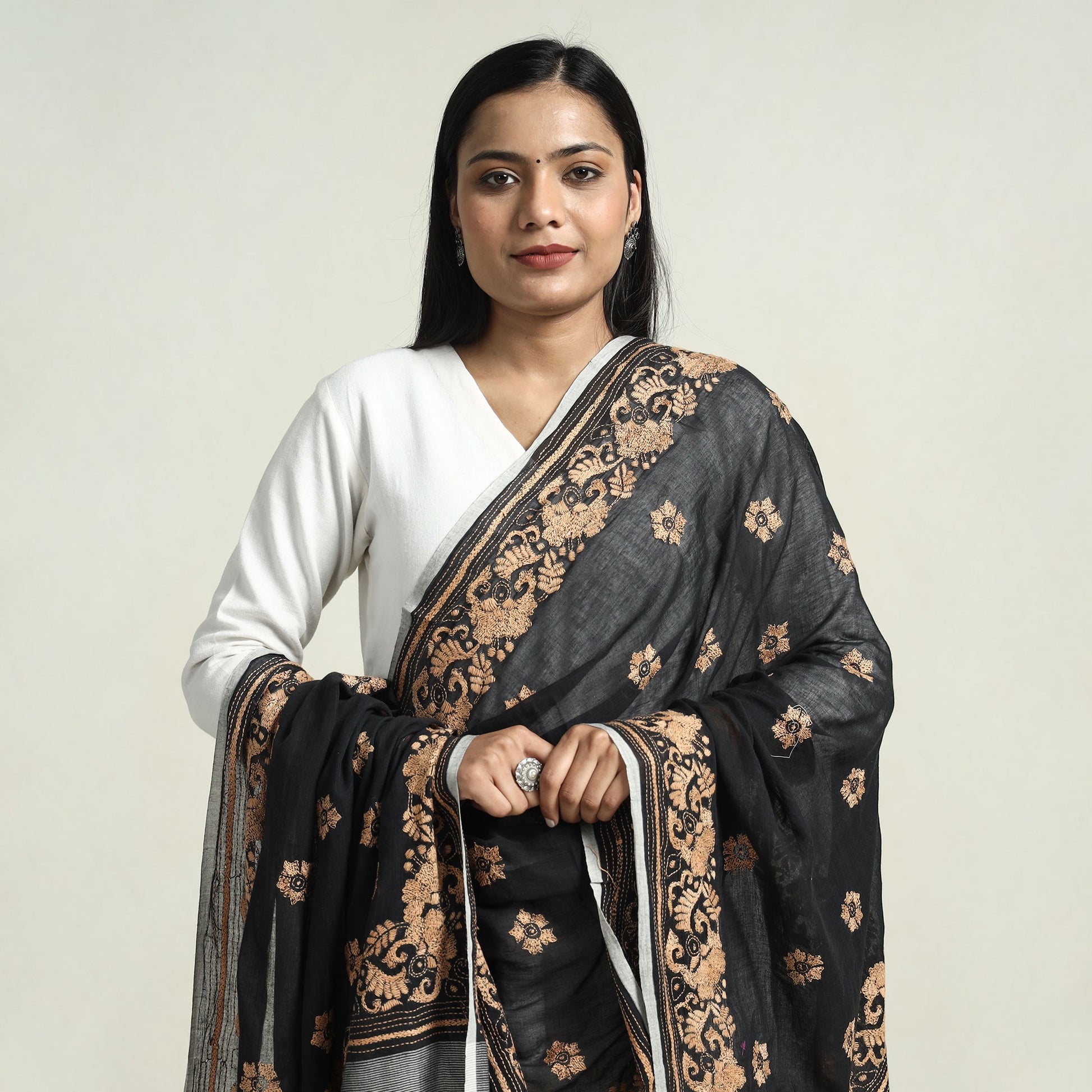 Black - Bolpur Kantha Embroidery Cotton Handloom Dupatta with Tassels
