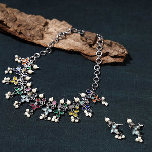 Antique Silver Finish Oxidised Brass Base Stone Work Choker Necklace Set