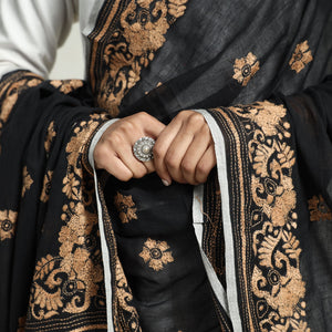 Black - Bolpur Kantha Embroidery Cotton Handloom Dupatta with Tassels