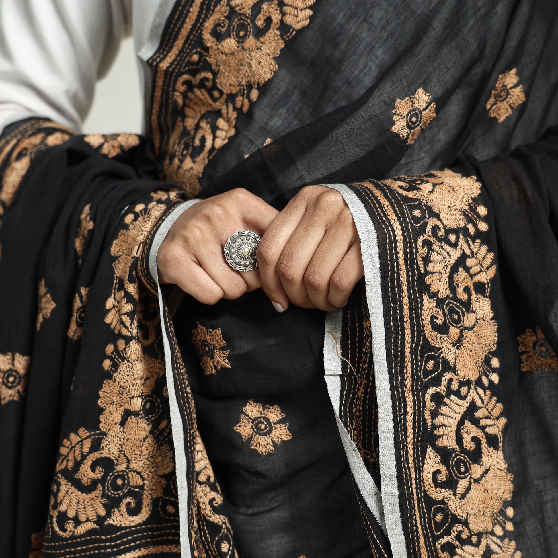 Black - Bolpur Kantha Embroidery Cotton Handloom Dupatta with Tassels
