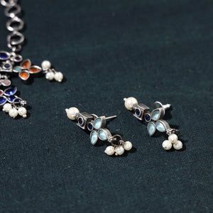 Antique Silver Finish Oxidised Brass Base Stone Work Choker Necklace Set