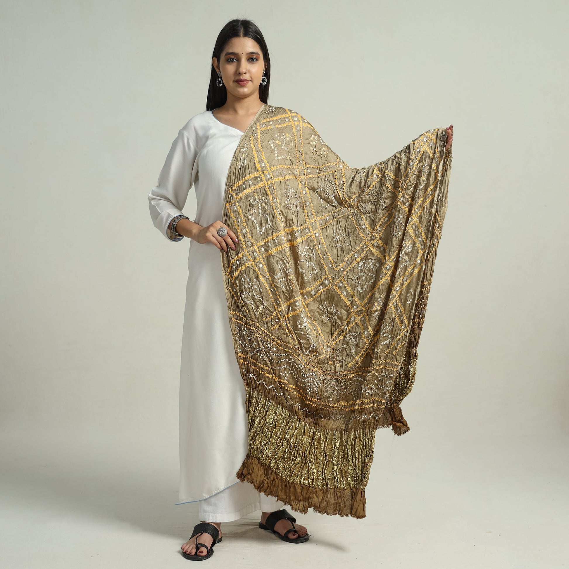 Brown - Kutch Bandhani Tie-Dye Modal Silk Zari Border Dupatta 67