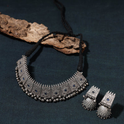 Antique Silver Finish Oxidised Brass Base Choker Necklace Set