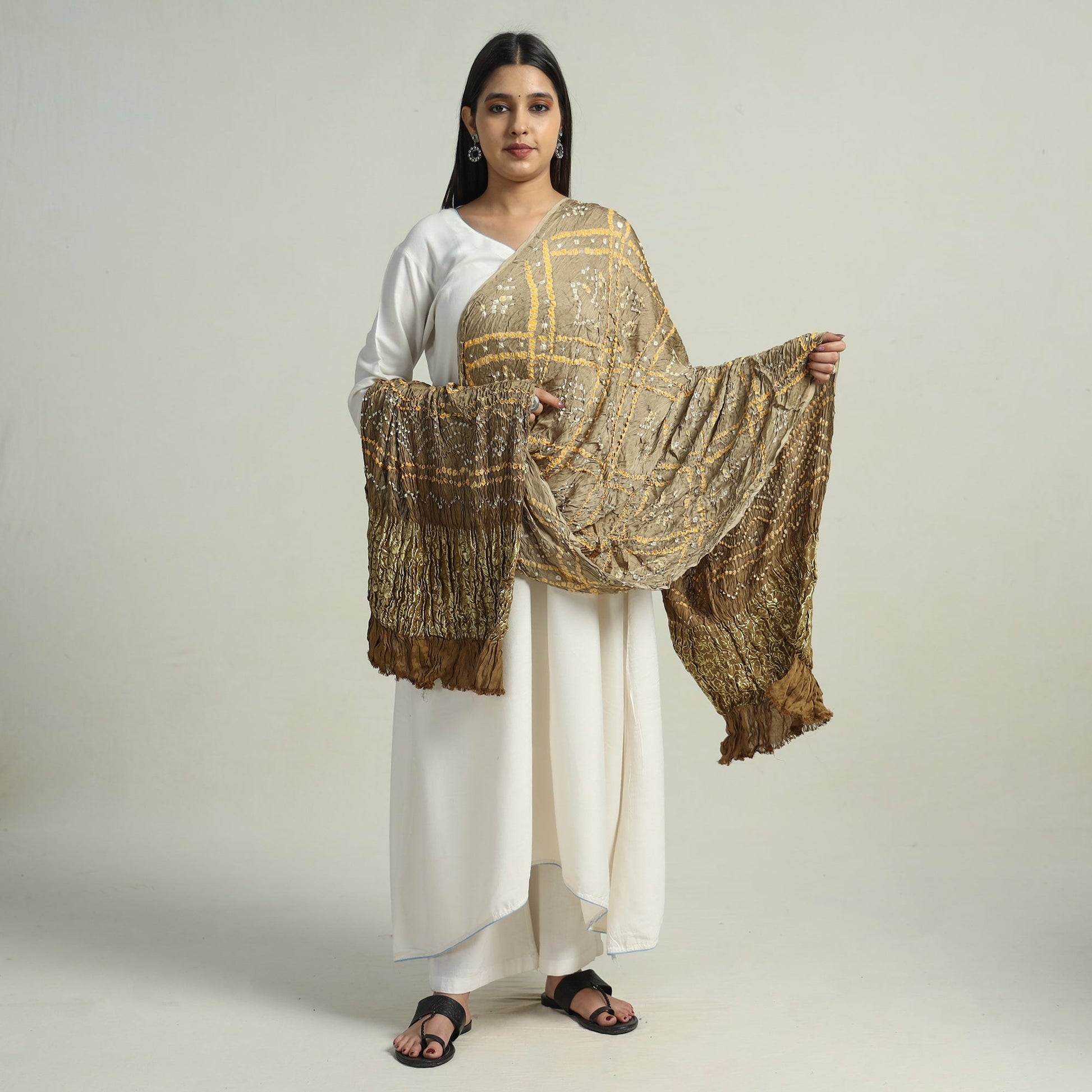 Brown - Kutch Bandhani Tie-Dye Modal Silk Zari Border Dupatta 67