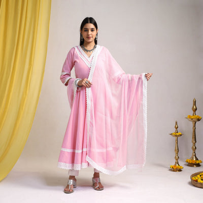 Baby Pink - Lace Work Plain Cotton Anarkali Kurta with Dupatta Set 10