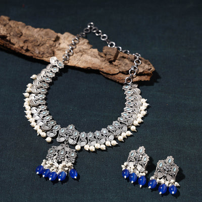Antique Silver Finish Oxidised Brass Base Stone Work Necklace Set