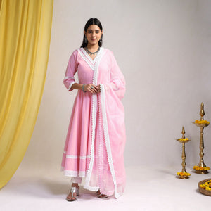 Baby Pink - Lace Work Plain Cotton Anarkali Kurta with Dupatta Set 10
