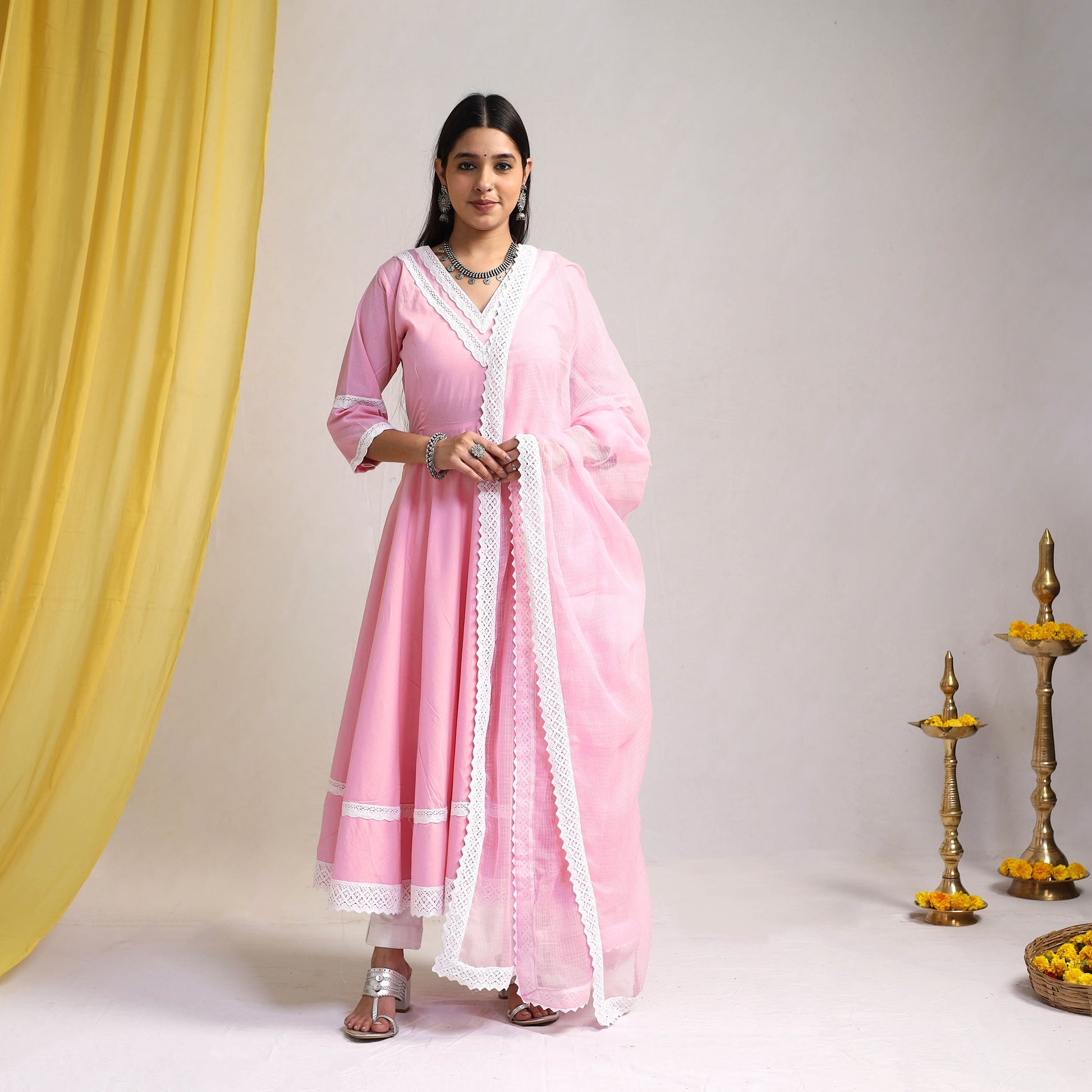 Baby Pink - Lace Work Plain Cotton Anarkali Kurta with Dupatta Set 10