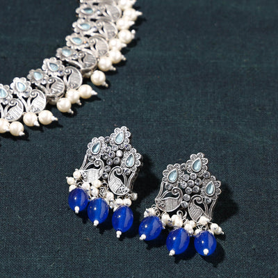 Antique Silver Finish Oxidised Brass Base Stone Work Necklace Set