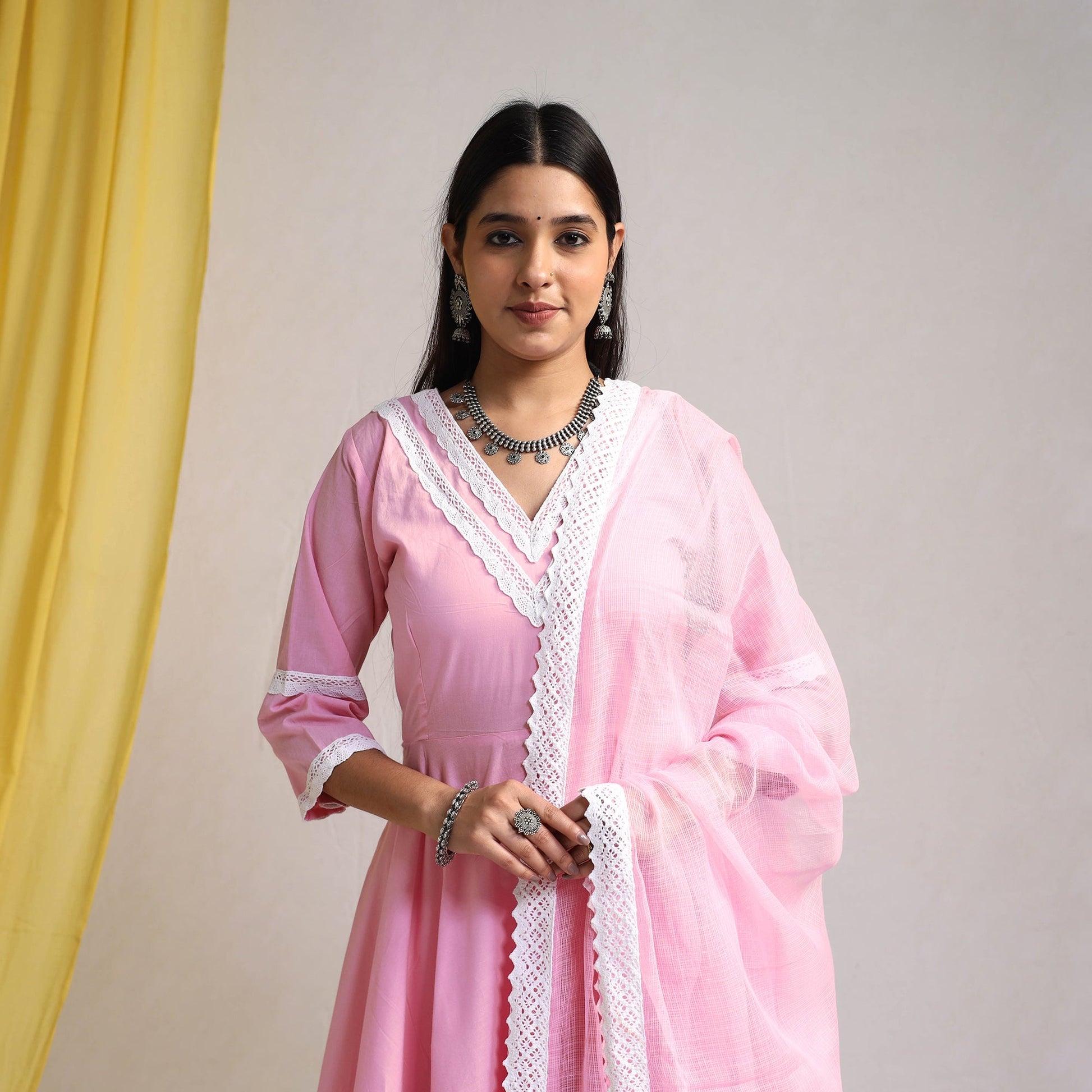 Baby Pink - Lace Work Plain Cotton Anarkali Kurta with Dupatta Set 10