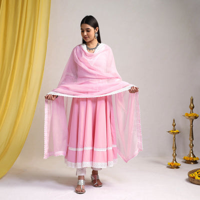 Baby Pink - Lace Work Plain Cotton Anarkali Kurta with Dupatta Set 10