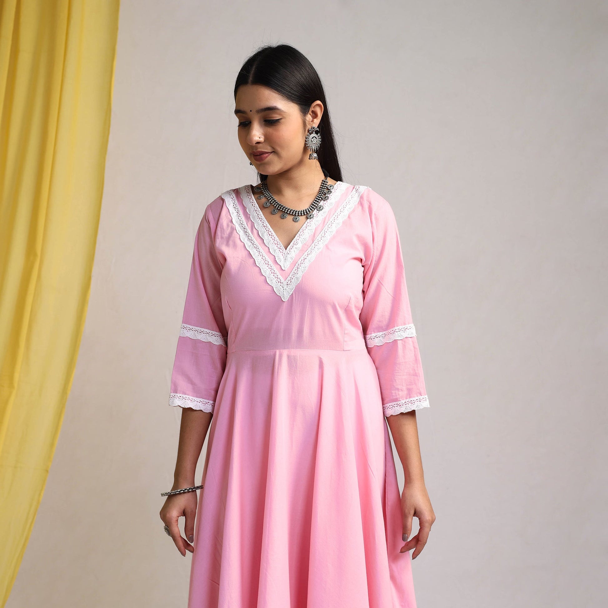 Baby Pink - Lace Work Plain Cotton Anarkali Kurta with Dupatta Set 10