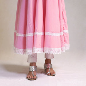 Baby Pink - Lace Work Plain Cotton Anarkali Kurta with Dupatta Set 10