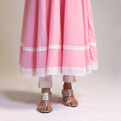 Baby Pink - Lace Work Plain Cotton Anarkali Kurta with Dupatta Set 10