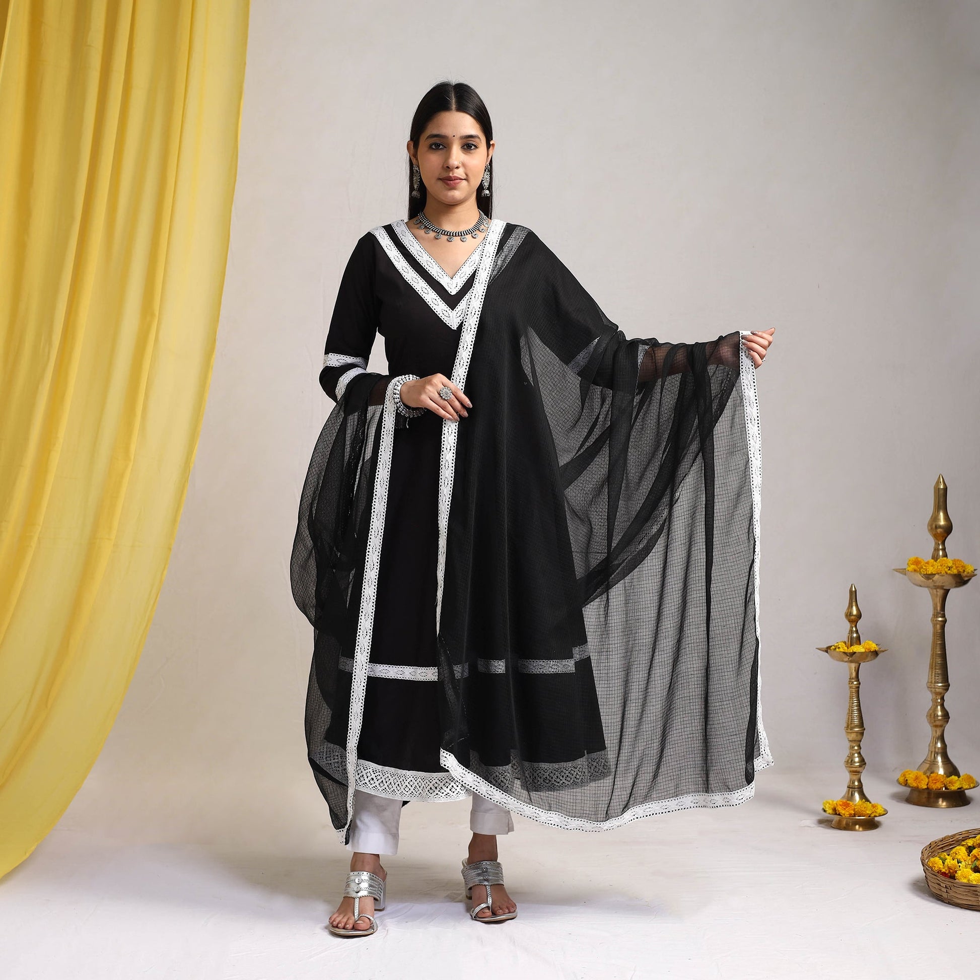 Black - Lace Work Plain Cotton Anarkali Kurta with Dupatta Set 12