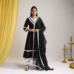 Black - Lace Work Plain Cotton Anarkali Kurta with Dupatta Set 12
