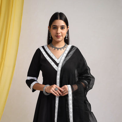 Black - Lace Work Plain Cotton Anarkali Kurta with Dupatta Set 12