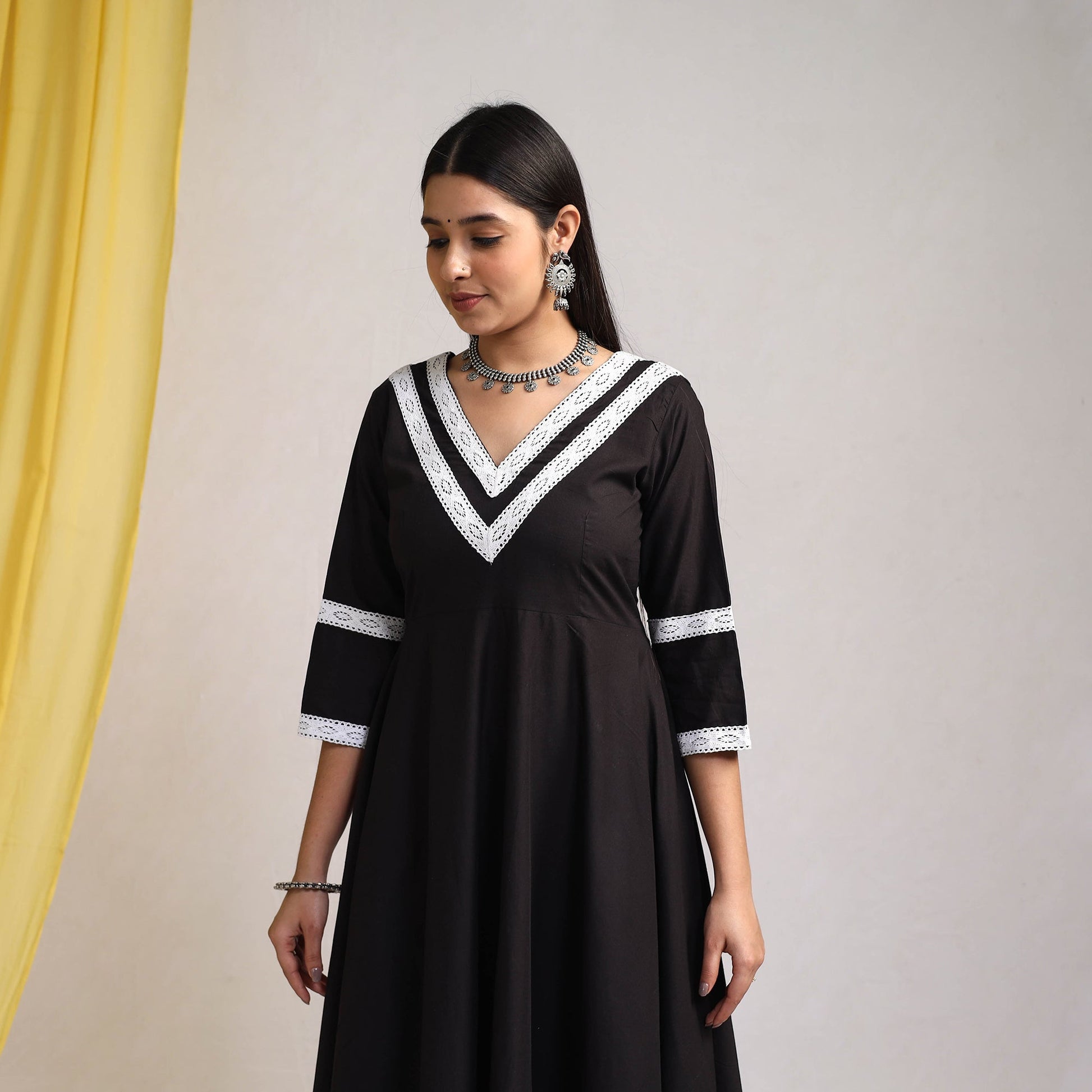 Black - Lace Work Plain Cotton Anarkali Kurta with Dupatta Set 12