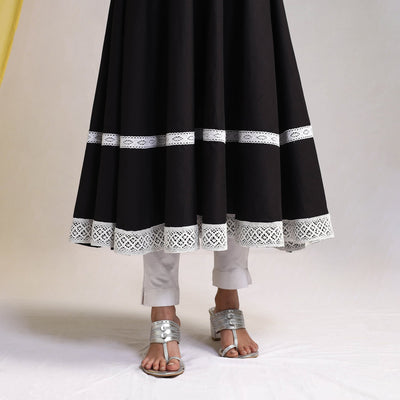 Black - Lace Work Plain Cotton Anarkali Kurta with Dupatta Set 12