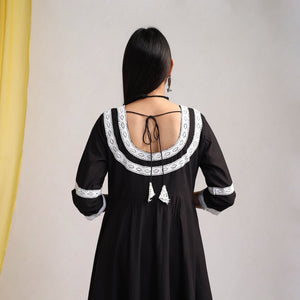 Black - Lace Work Plain Cotton Anarkali Kurta with Dupatta Set 12