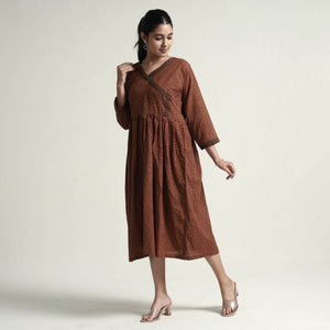 Brown - Bagh Block Printed Cotton Dress