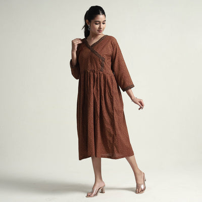 Brown - Bagh Block Printed Cotton Dress