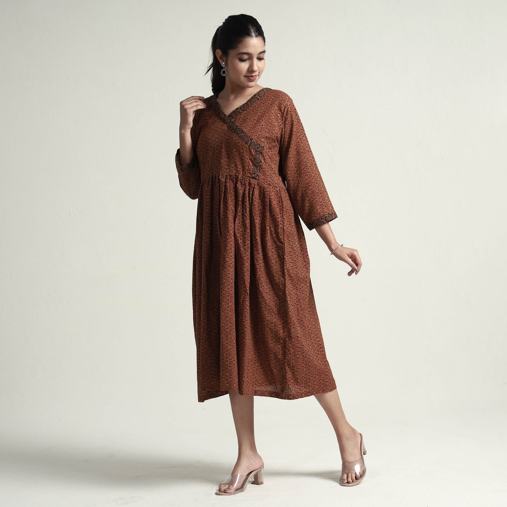 Brown - Bagh Block Printed Cotton Dress